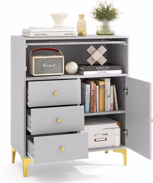 Costway Grey Wooden 3-Drawer Chest of Drawers and Storage Cabinet Organiser Unit