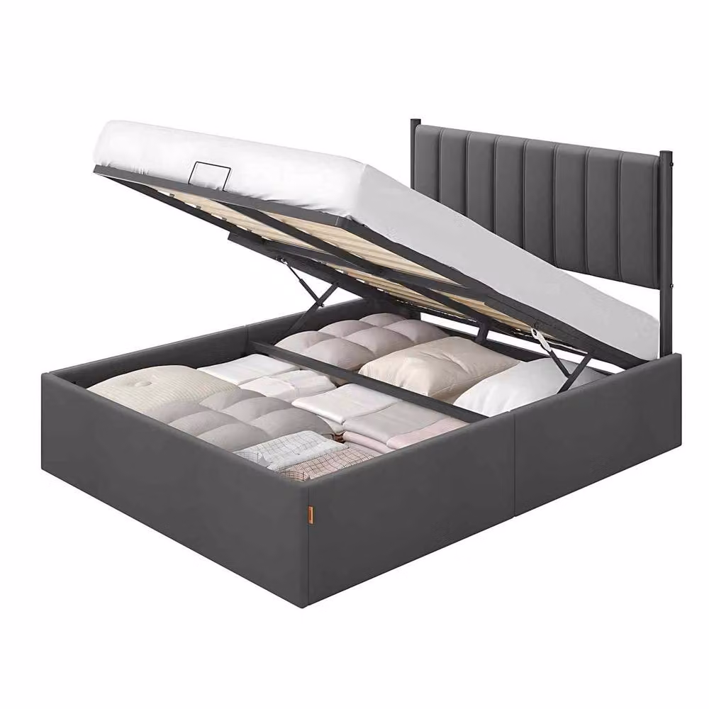 The Bazaarist Double Ottoman Bed with Lift Up Storage, Grey Upholstered Fabric, W/D/H: 140 x 200 cm – 2