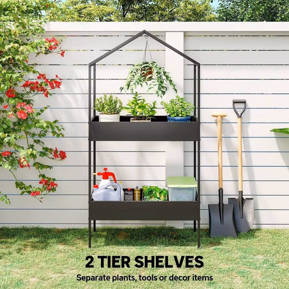 EONLION 2 Tier Metal Plant Stand in Matt Black for Indoor and Outdoor Use, H 100 x W 100 x D 35 cm – 4