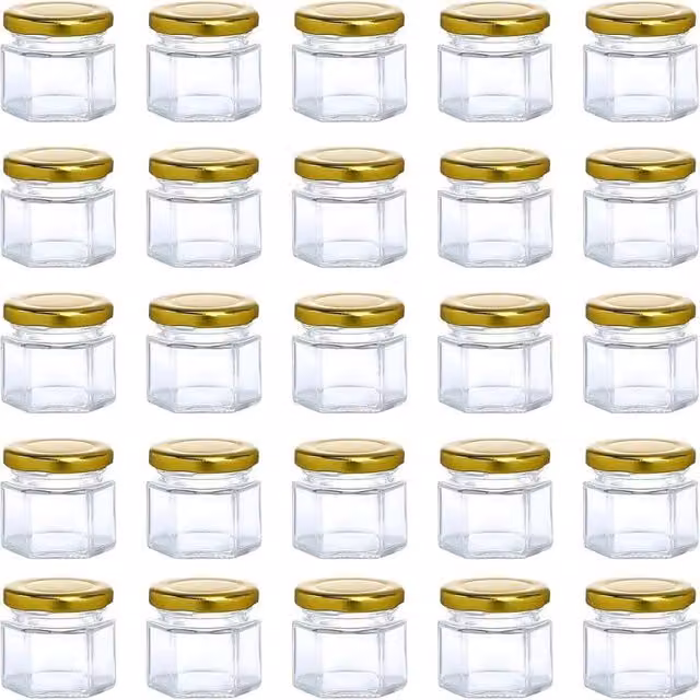 ATEK Set of 30 Hexagonal Small Glass Jars with Airtight Gold Metal Lids, 45 ml, Clear and Gold – 1