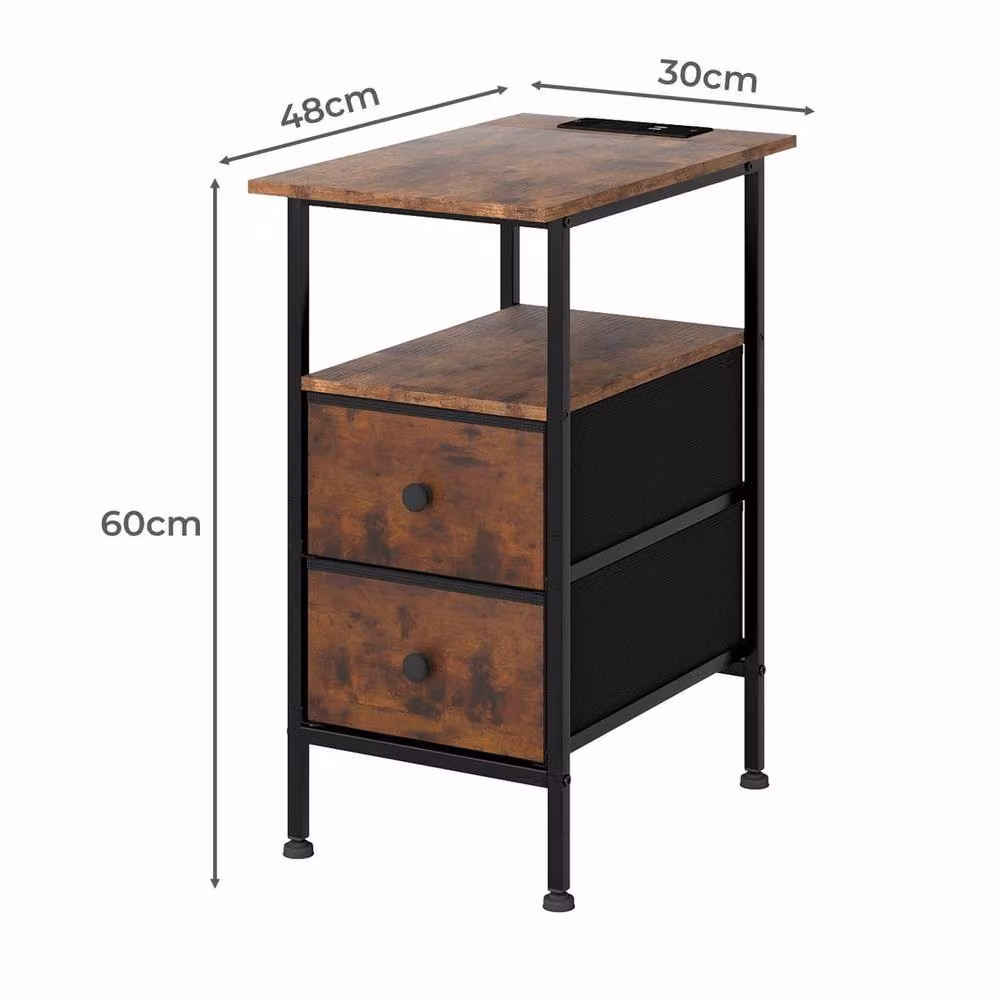 FORGEVIO Brown Industrial Bedside Table and Side Cabinet with Charging Station – 2