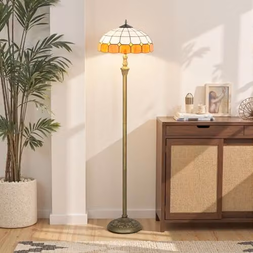 HOMCOM Vintage Tiffany-Style Floor Lamp with Handcrafted Stained Glass Shade in Orange and Bronze Tone, Height: 152 cm – 6