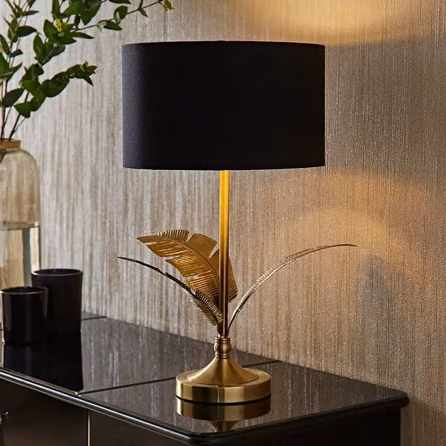 ValueLights Christina Palm Leaf Table Lamp with Black Fabric and Gold Metallic Cylinder Shade and LED Bulb