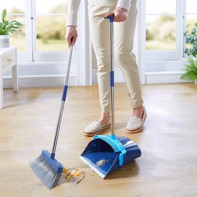 Clarsen Long-Handled Dustpan and Brush Set in Blue, H 109 x W 28 x D 14 cm