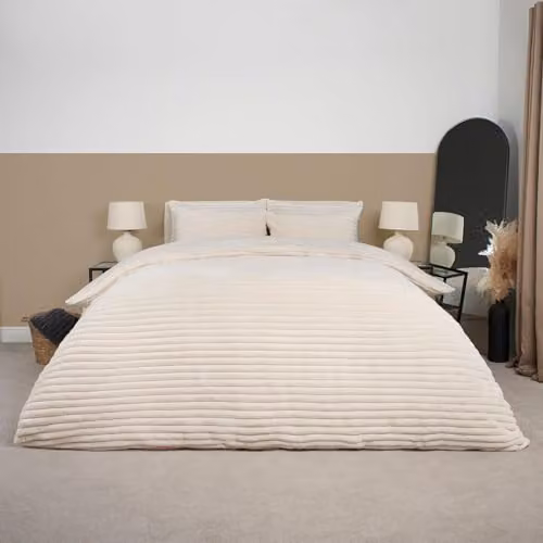 OHS Double Bedding Set in Cream, Reversible Thick Ribbed Duvet Cover and Pillowcases with Teddy Fleece, W/D/H: 200 x 200 cm and 50 x 75 cm