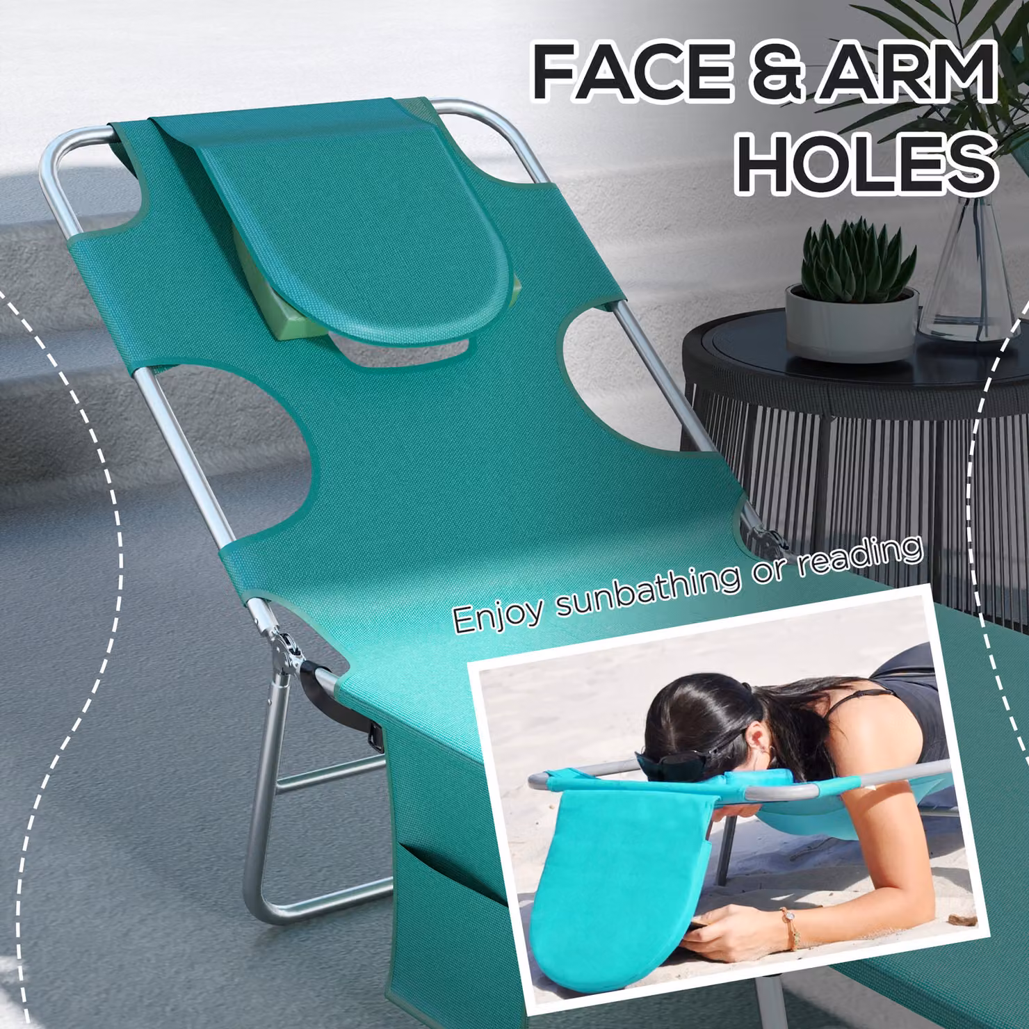 Outsunny Set of 2 Foldable Sun Loungers in Turquoise with 5-Level Adjustable Backrest and Reading Hole – 4