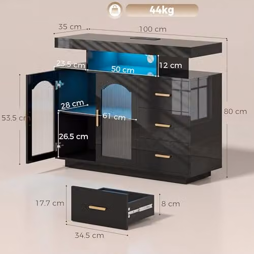 HOMCOM Modern High Gloss Sideboard in Black and Gold with Integrated Lighting and Soft Close Drawers – 3