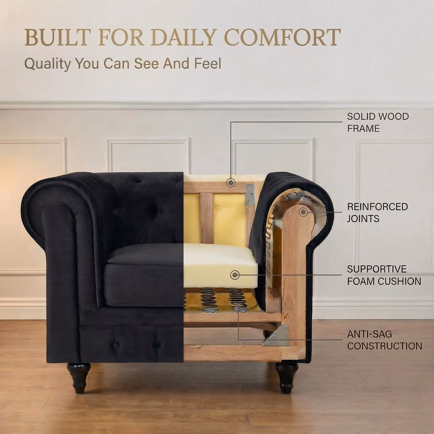 Bravich LTD Chesterfield 3 Seater Velvet Sofa in Black – 2
