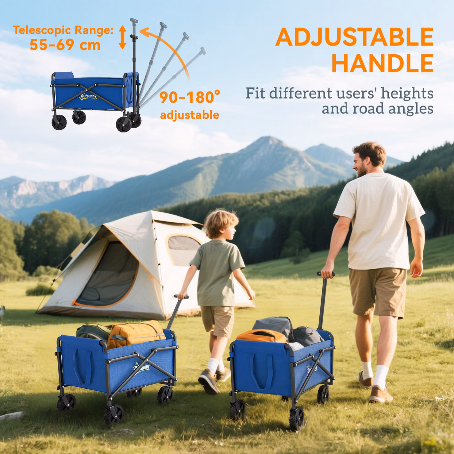 Outsunny 41L Blue Festival Trolley with Wheels, Heavy Duty 60kg Capacity Collapsible Folding Garden Wagon and Carrying Bag – 7