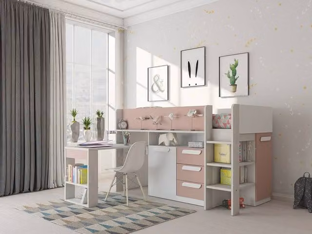 Vente-unique Pink Single Combination Bed with Desk, Storage Drawers and Stairs, W/D/H: 193.8 x 90 x 131.5 cm – 1