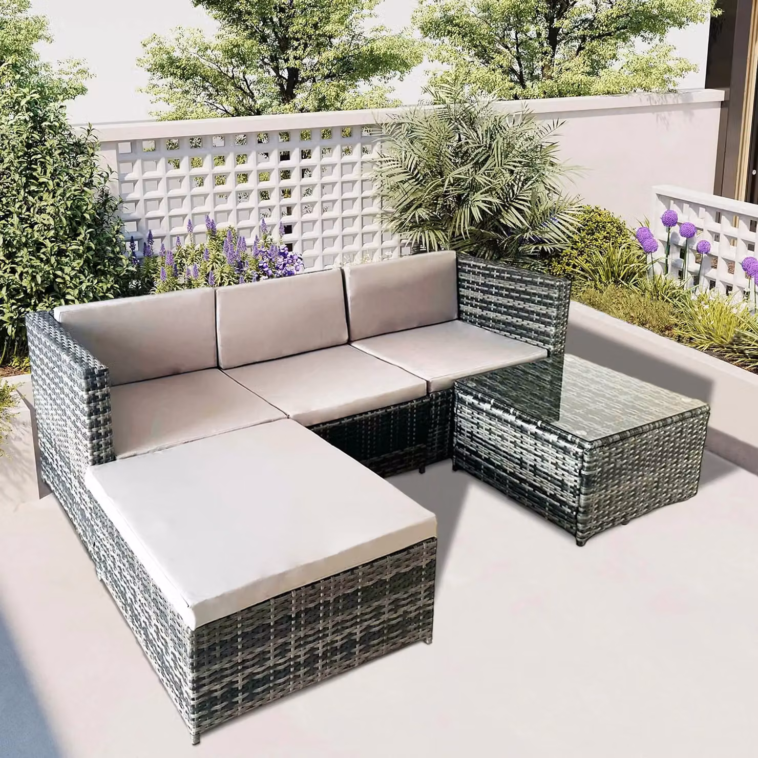 Alivio Grey L-Shape 3-Seater PE Rattan Garden Corner Sofa Set with Coffee Table and UV-Resistant Cushions – 6