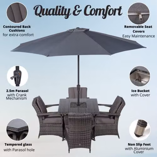 Thats Furniture Arizona 4 Seater Square Rattan Garden Dining Set with Ice Bucket Drinks Cooler in Grey, W/D/H: 90 x 90 x 74 cm – 2