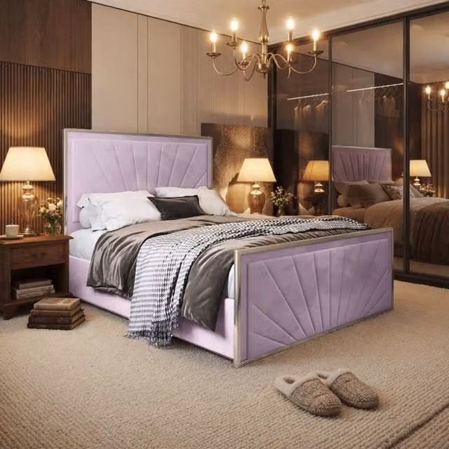 KDMD Waddington Pink Velvet Upholstered Metal Designer Bed Frame, W/D/H: 200 x 180 x 137 cm – 1