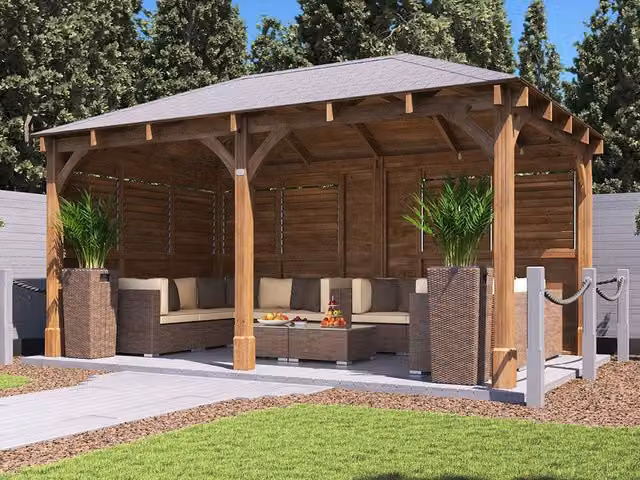 Dunster House Leviathan Wooden Gazebo Kit with Louvre Wall and Bitumen Shingles, Brown, W: 5 m, D: 3 m – 1
