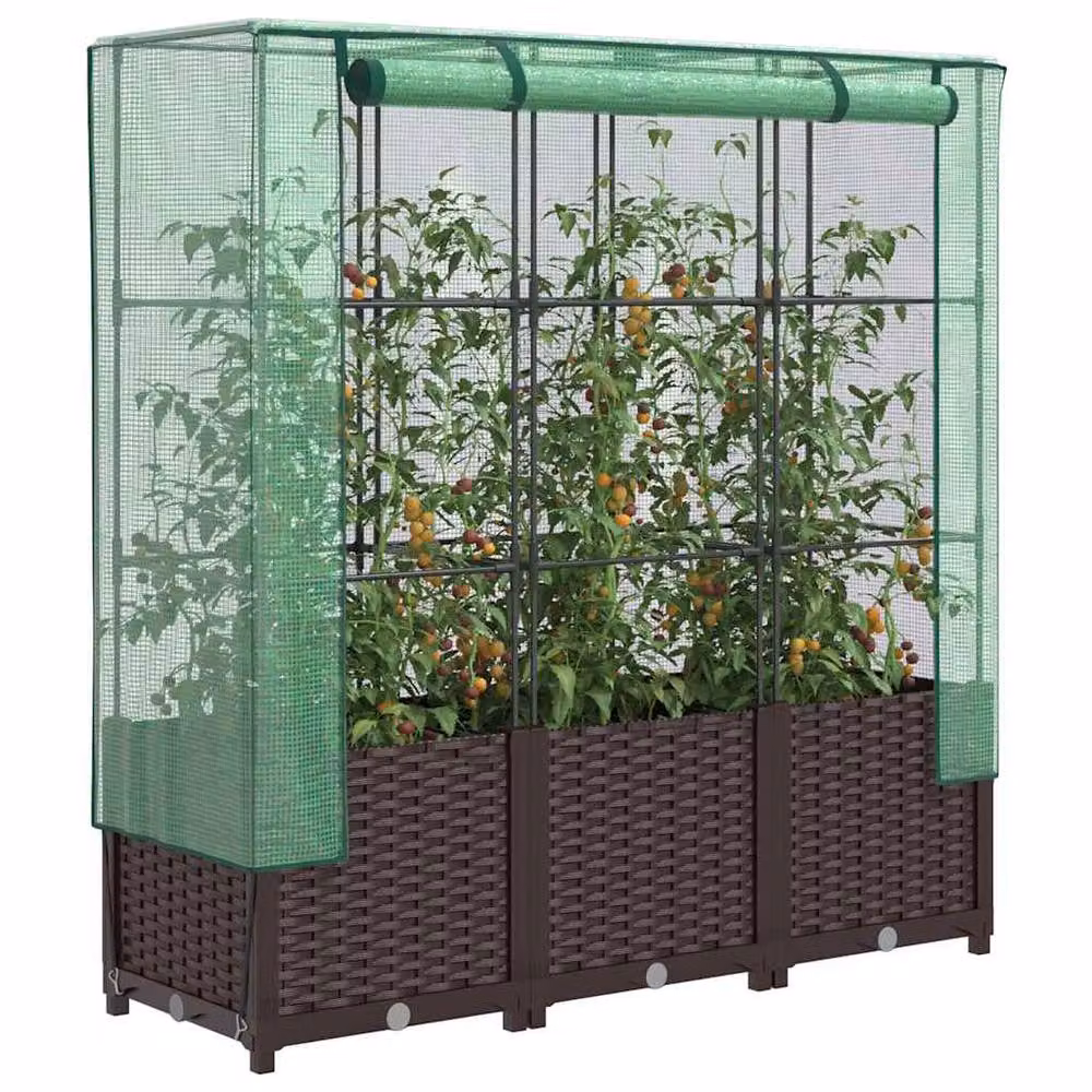 Berkfield Home Raised Bed with Greenhouse Cover in Brown Rattan Look, W/D/H: 120 x 40 x 138 cm – 2