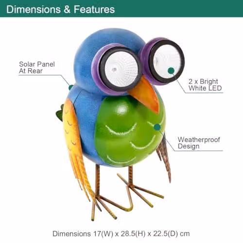 GardenKraft Metal Solar Powered Owl Garden Statue with Multicolour LED Lights, Green, H: 29.5 cm, W: 21.5 cm, D: 18.0 cm – 2