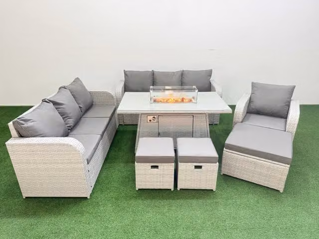 Fimous 10 Seater Poly Rattan Outdoor Garden Furniture Set with Firepit Dining Table, 3 Seater Sofas, Reclining Chair and 3 Stools in Grey