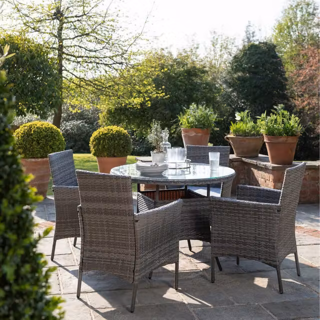 Comfy Living 5-Piece Grey Polyrattan Garden Dining Set with Round Glass Table