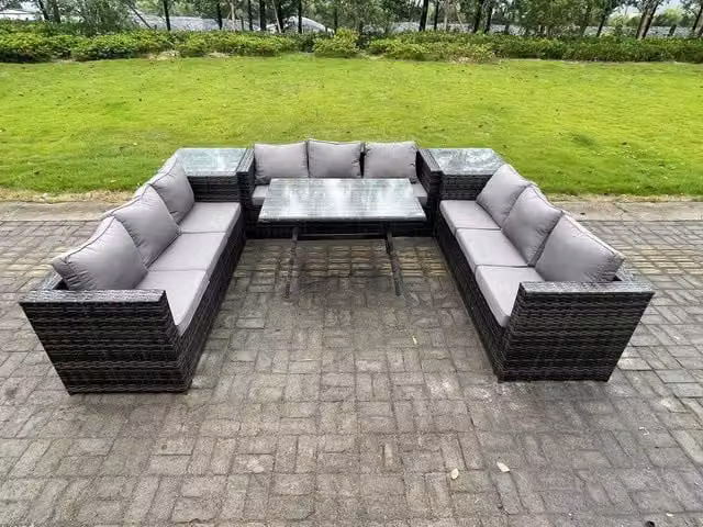 Fimous 9 Seater Rattan Outdoor Garden Dining Set with Patio Table and 2 Side Tables in Dark Grey