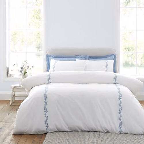 Bianca Camille Embroidered Floral 200 Thread Count Cotton Percale Single Duvet Cover Set with Pillowcase White/Blue W/D/H: 135 x 200 cm, Pillowcase: 50 x 75 cm