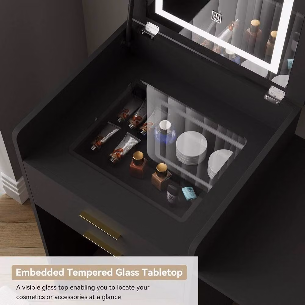 FORGEVIO Black Modern Dressing Vanity Table Set with Hollywood LED Mirror and Folding Glass Top – 4