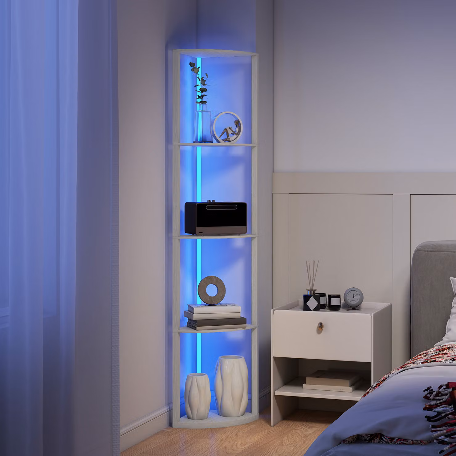HOMCOM RGB LED Floor Lamp with 4-Tier Shelves and Remote Control, Dimmable Modern Standing Lamp in Oak Wood Finish – 5