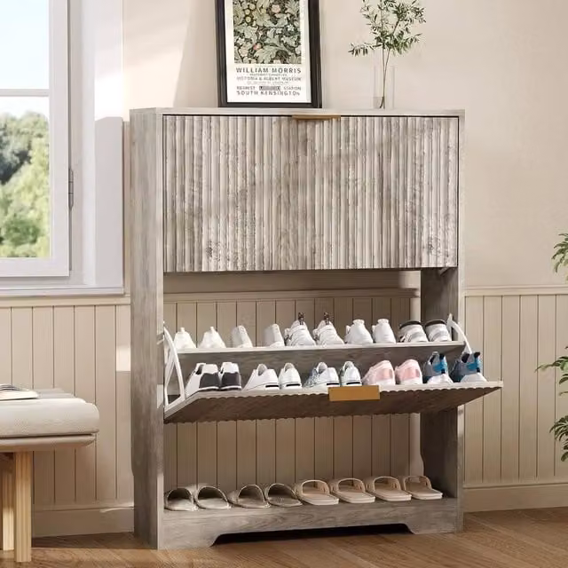 KORVIXA Grey Slim Wooden Shoe Storage Cabinet with 2 Tilting Compartments and Open Shelf
