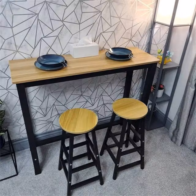 Nordara Modern Breakfast Bar Dining Table and 2 Stools Set with Metal Frame in Brown