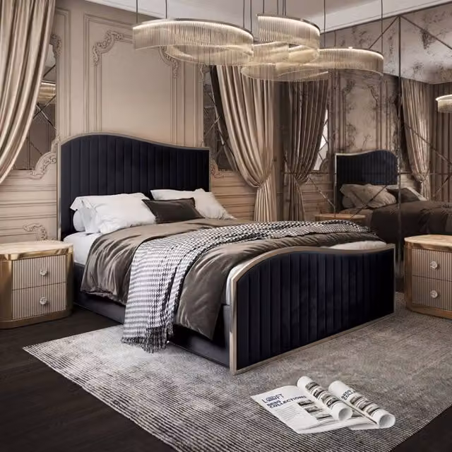 KDMD Idbury Super King Upholstered Velvet Designer Bed Frame with Black Metal Details