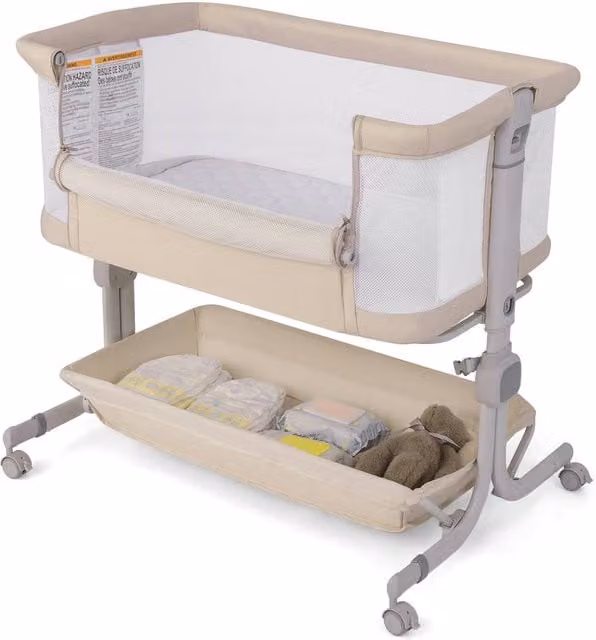 Gymax Adjustable Height Folding Bedside Bassinet for Infants in Beige