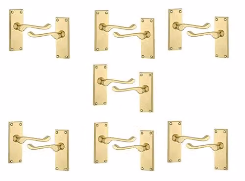 Golden Grace Victorian Scroll Latch Door Handles in Polished Brass, 7 Sets