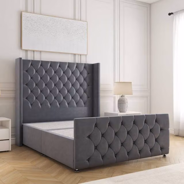 BSSPOKE Florida Divan Bed in Charcoal Plush Velvet with 54 inch Headboard, Double Size, W/D/H: 140 x 200 cm