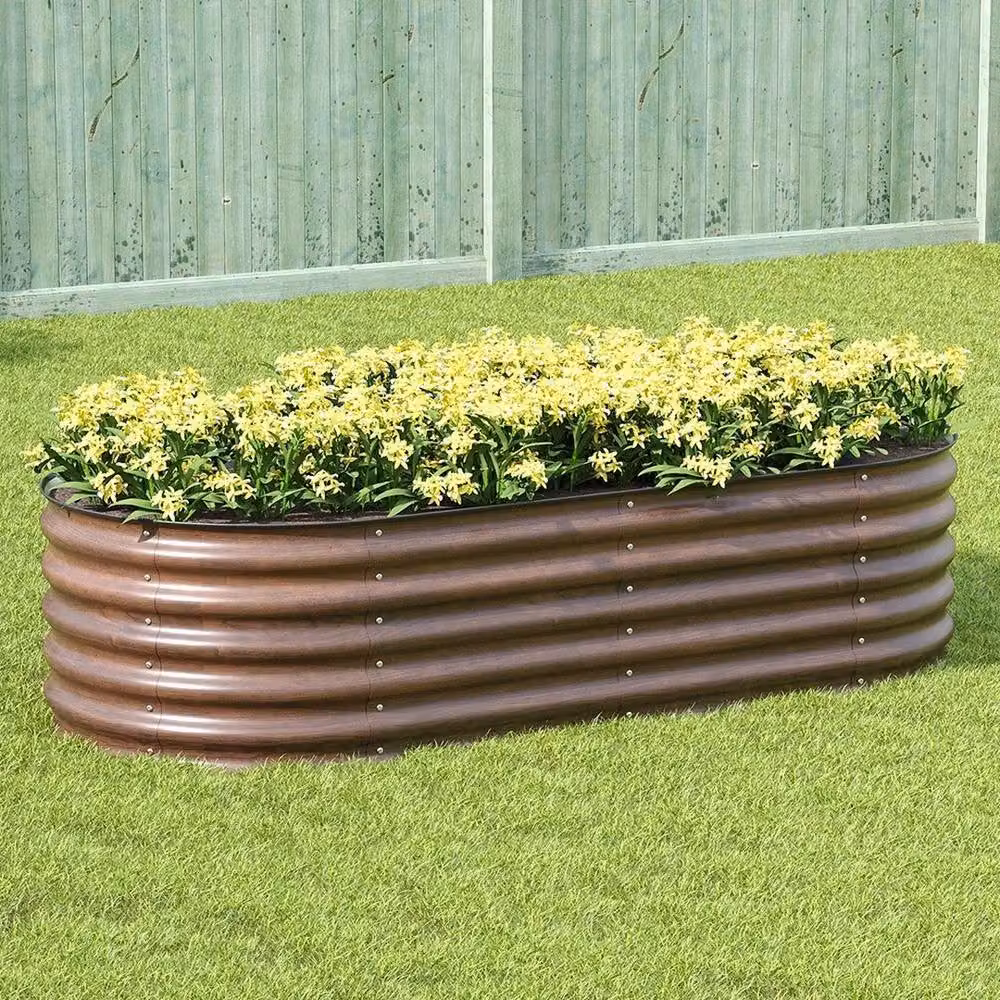 FLAVORA Oval Brown Metal Raised Bed Vegetable Planter, W: 180 cm, D: 90 cm, H: 43 cm – 3
