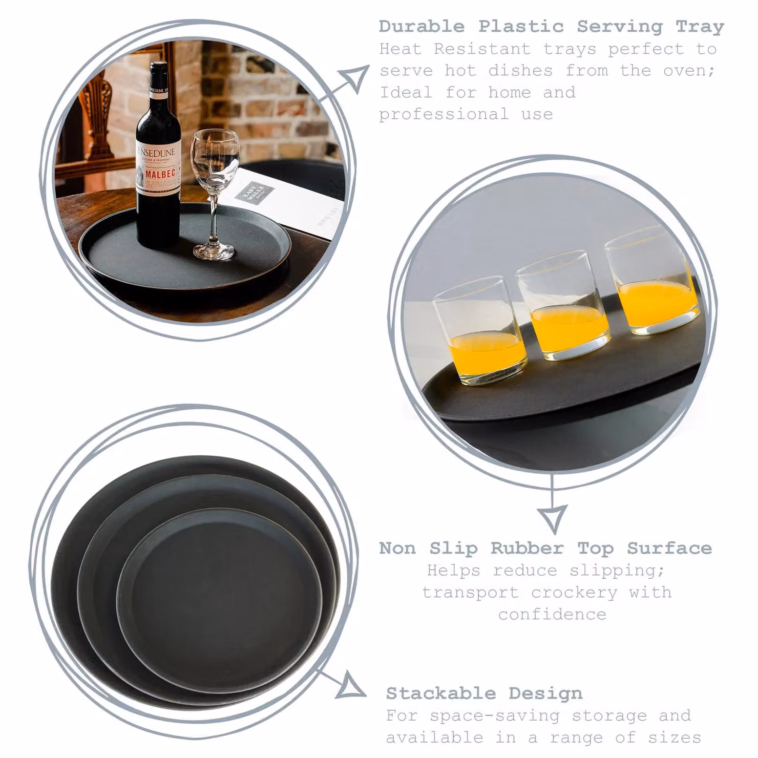 Argon Tableware Black Round Non-Slip Rubberised Serving Trays, Pack of 6, Diameter: 35 cm – 7