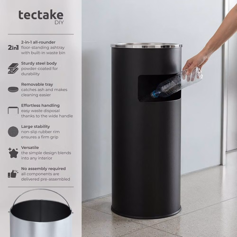 tectake Freestanding Metal Floor-Standing Ashtray in Black with Removable Inner Bucket, Height: 61.0 cm, Width: 25.0 cm – 2
