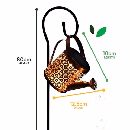 Gardenwize Solar Watering Can Stake Light with Warm White Cascading LED String Lights in Black – 3