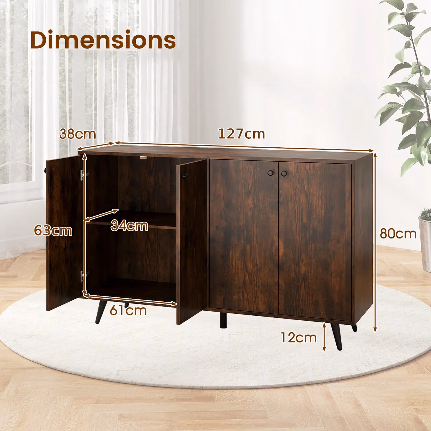Costway Mid Century Modern 4-Door Buffet Sideboard Storage Cabinet in Brown – 2