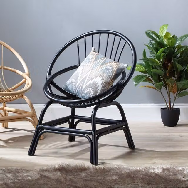 Desser Boho Rattan Moon Bowl Chair in Black and Pink with Fabric Cushion
