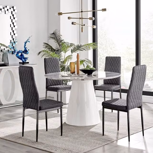 FurnitureboxUK Palma Round White Marble Effect Dining Table with 4 Grey Velvet Milan Chairs