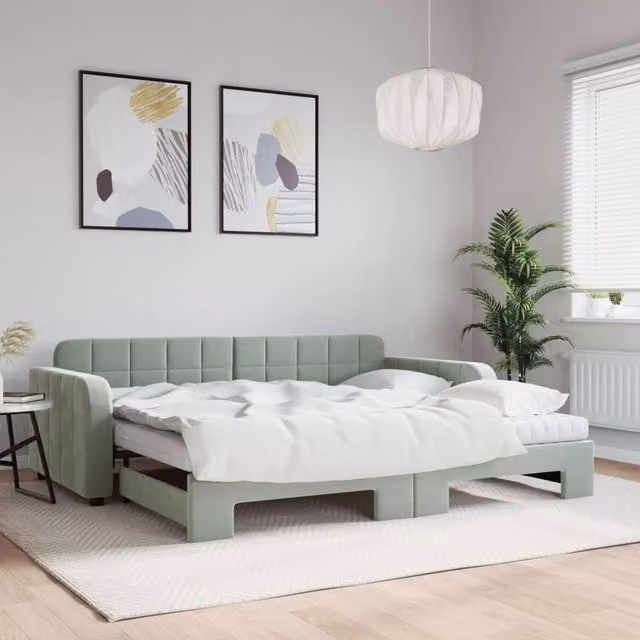 Berkfield Home Daybed with Trundle and Mattresses in Light Grey Velvet, W/D/H: 90 x 190 cm – 1