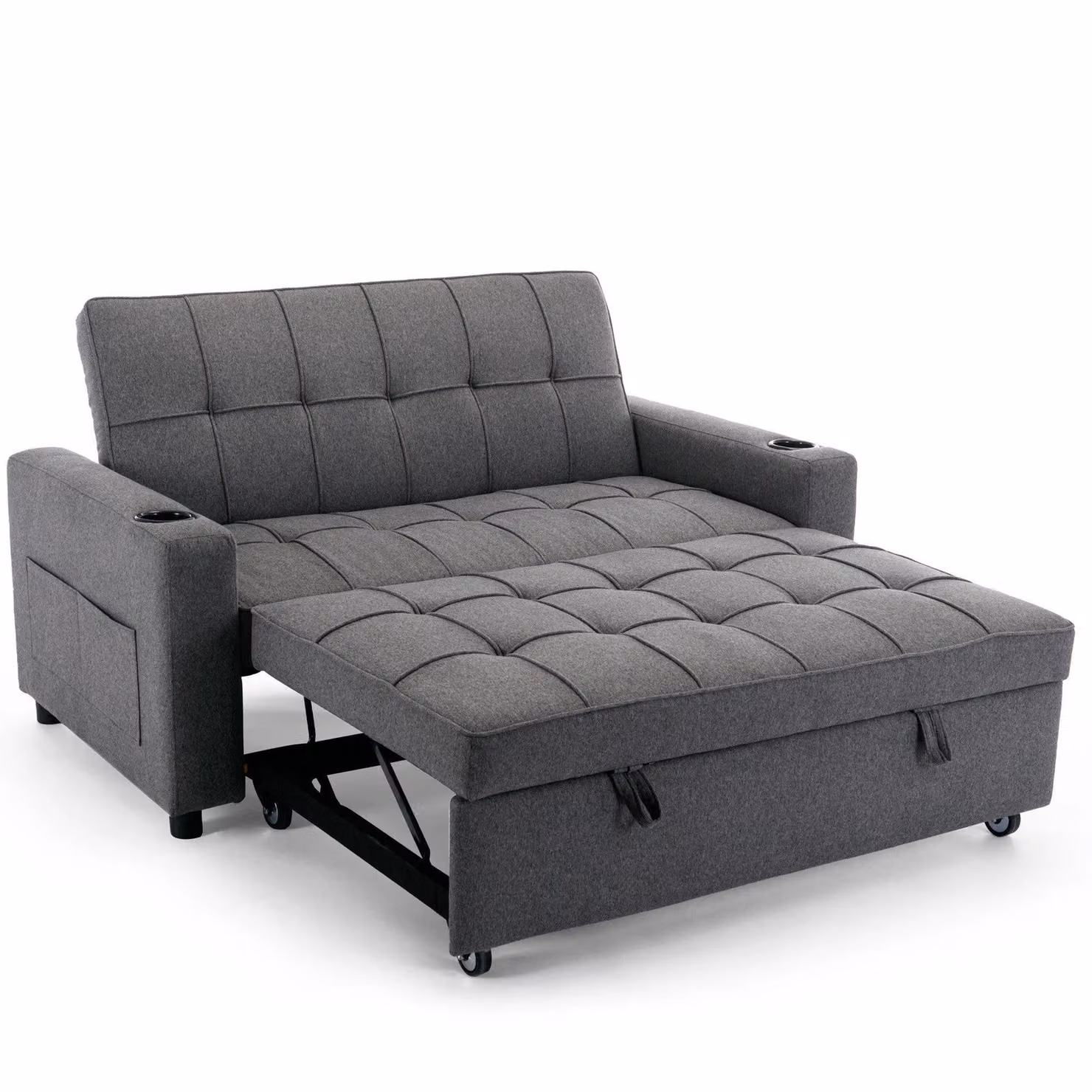 More4Homes Hudson 2-Seater Click Clack Sofa Bed in Grey Linen Fabric with Cup Holders – 2