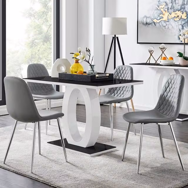 FurnitureboxUK Giovani Black Dining Table and Four Grey Corona Chairs with Silver Legs