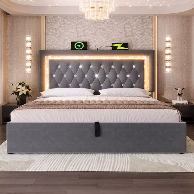 Merax Grey Velvet Hydraulic Storage Bed with LED Under-Bed Lighting and USB Charging Port, W/D/H: 180 x 160 x 200 cm