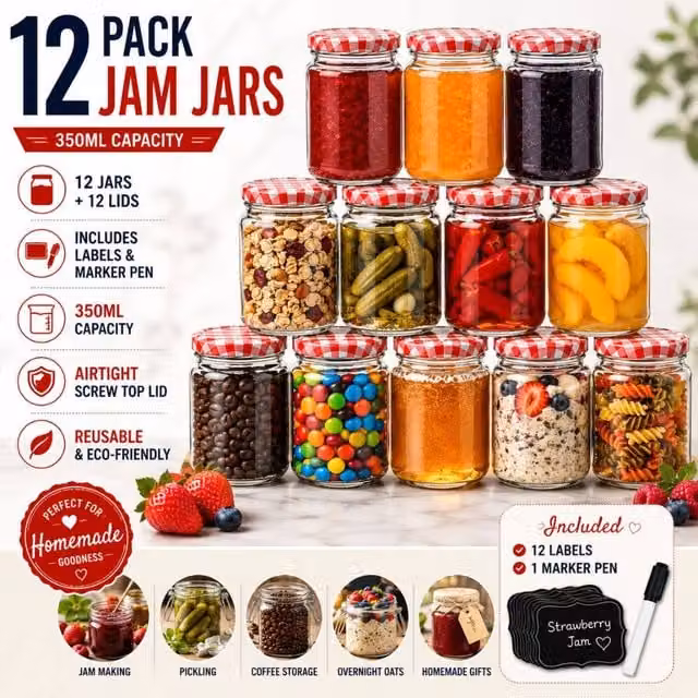Volila 12 Pack Red Round Glass Jam Jars with Labels and Pen, 350ml per Jar – 1