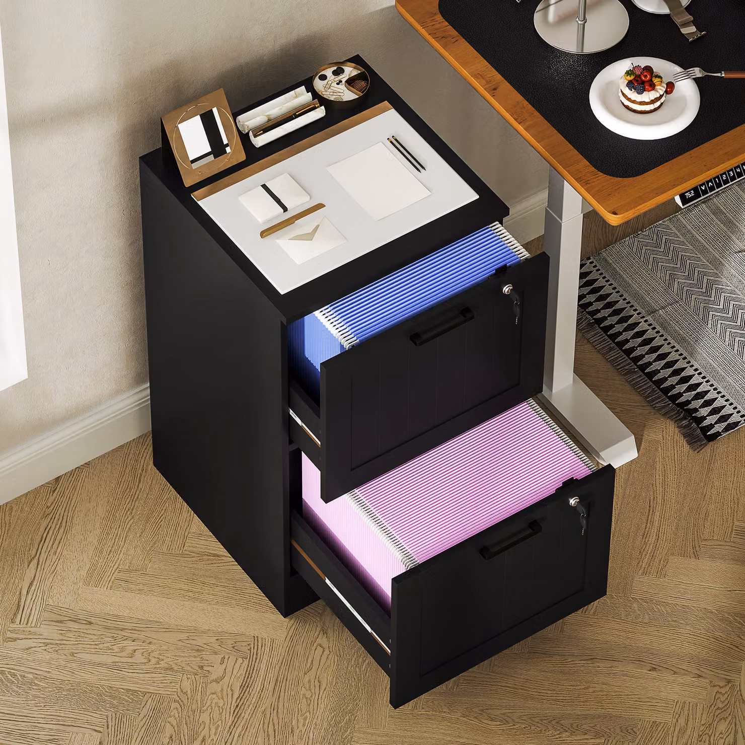 HOMCOM 2 Drawer Black Metal Filing Cabinet with Lock and Adjustable Hanging Bars for A4 and Letter Size Files – 6