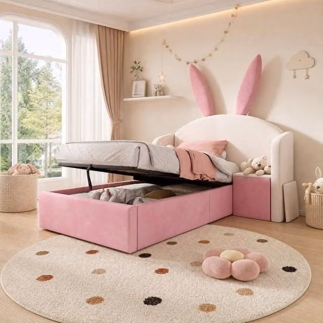 STILVORA Pink Velvet 3ft Single Junior Bed Frame with Lift Up Storage Base and Headboard