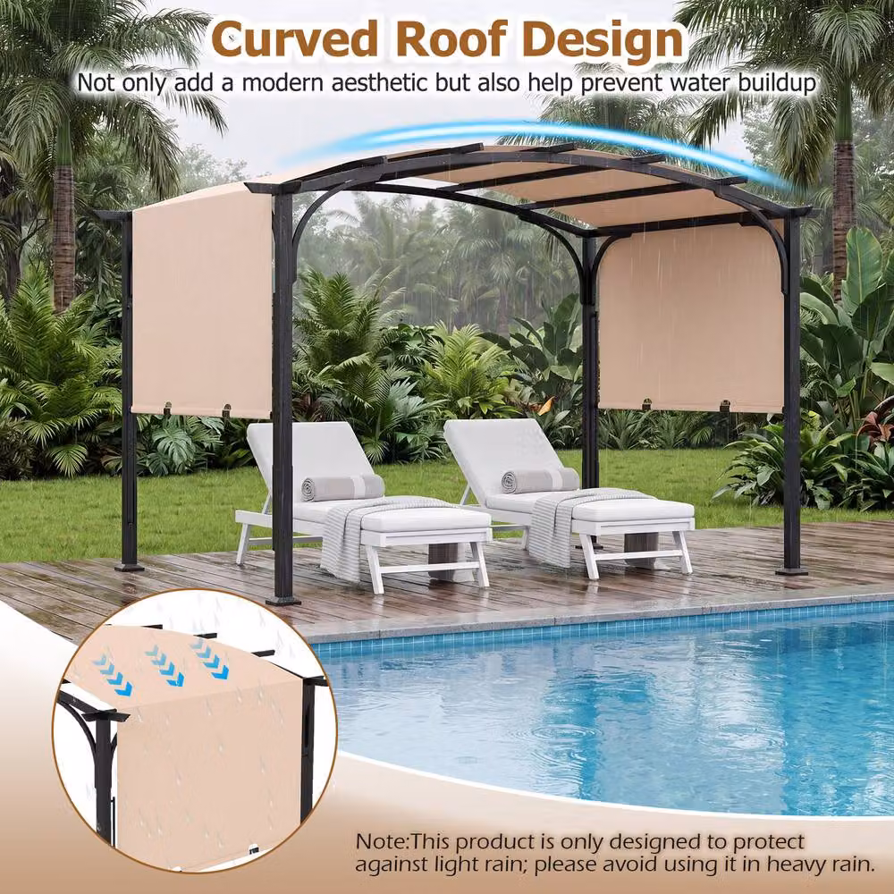Gymax Retractable Arched Garden Pergola with Beige Polyester Canopy, W: 304.8 cm, D: 243.84 cm, H: 233.0 cm – 7