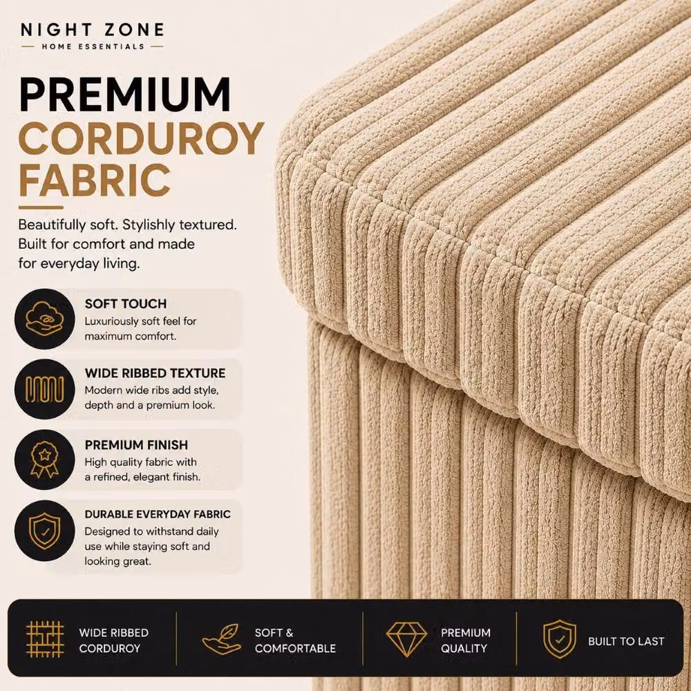 Homes-Linen Corduroy Ribbed Foldable Storage Ottoman in Beige, W: 78 cm, D: 38 cm, H: 38 cm – 2