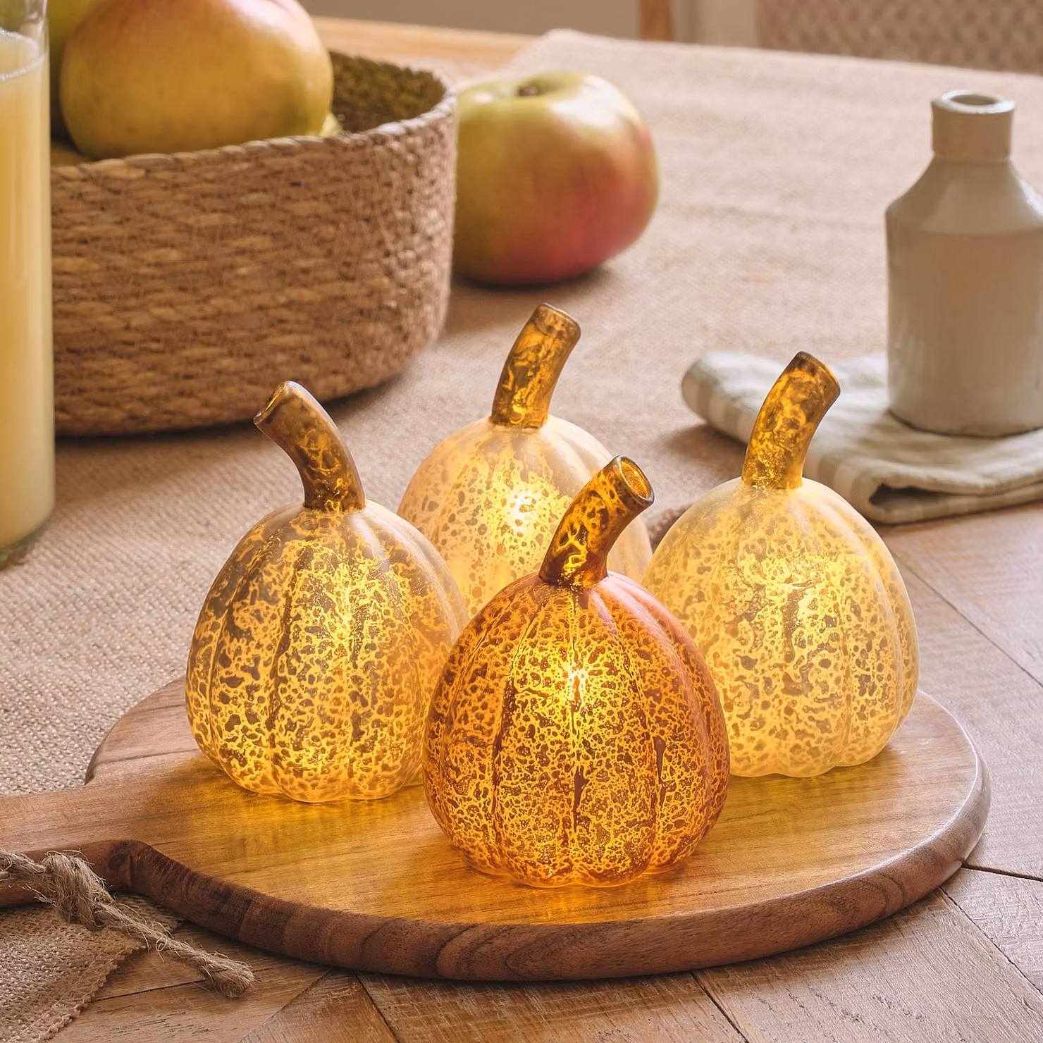 Lights4fun 4 Mercury Glass Mini LED Pumpkin Decorations in Gold, Orange, Green and Beige
