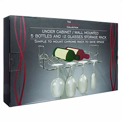 Vinology Wall Mounted Silver Metal Wine and Glass Storage Rack for 5 Bottles and 12 Glasses